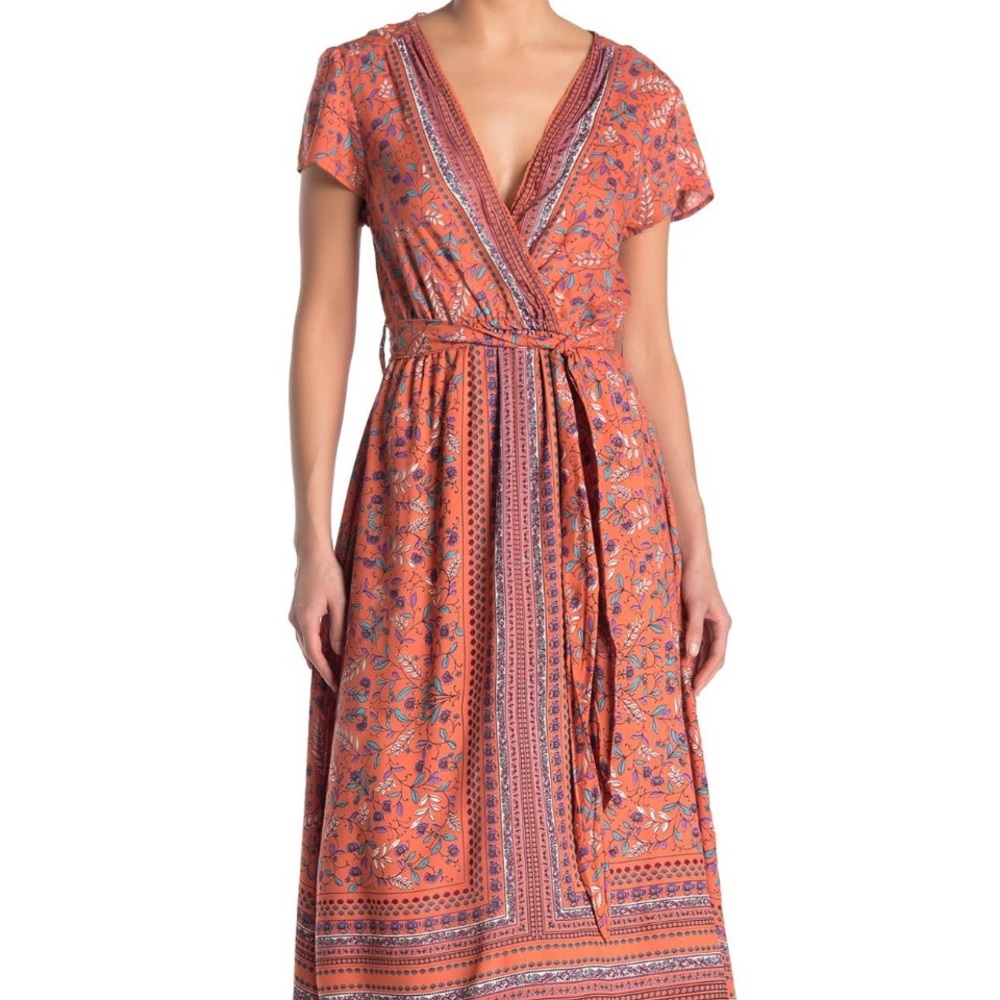 Nostalgia Printed Surplice Midi Dress - Coral